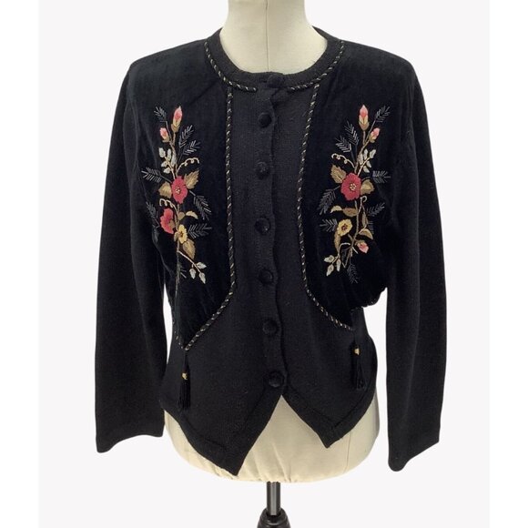 Susan Bristol Sweaters - Vintage Susan Bristol Cardigan Size M Velvet Embroidery Beaded Tassel Floral